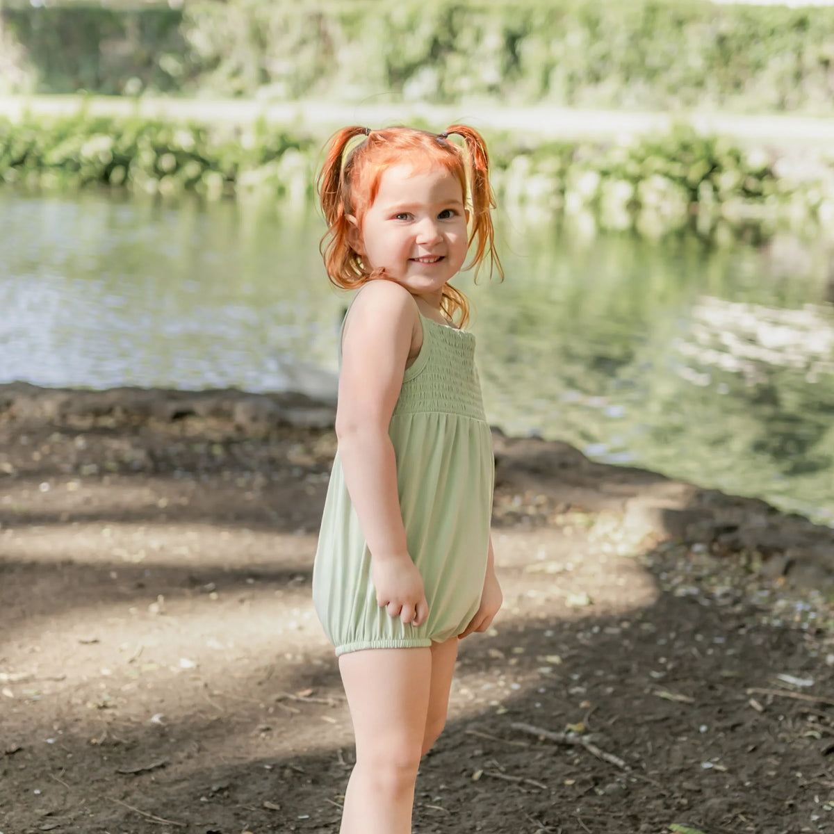 Smocked Bubble Romper in Basil