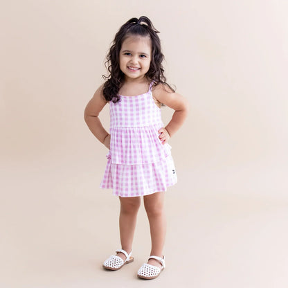 Spaghetti Strap Ruffle Romper in Gingham Thistle