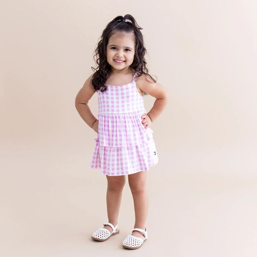 Spaghetti Strap Ruffle Romper in Gingham Thistle