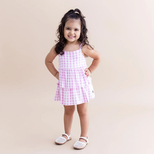 Spaghetti Strap Ruffle Romper in Gingham Thistle