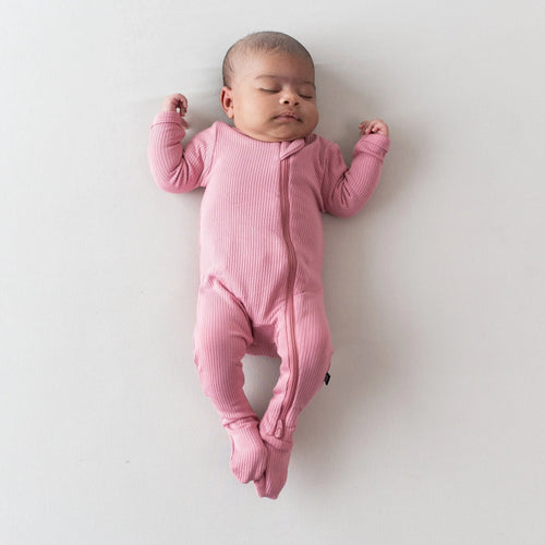 Ribbed Zipper Footie in Apple Blossom