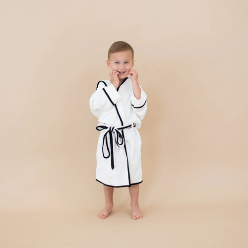 Hooded Bath Robe in Cloud with Midnight Trim