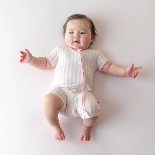 Zipper Shortall Romper in Small Sakura Stripe