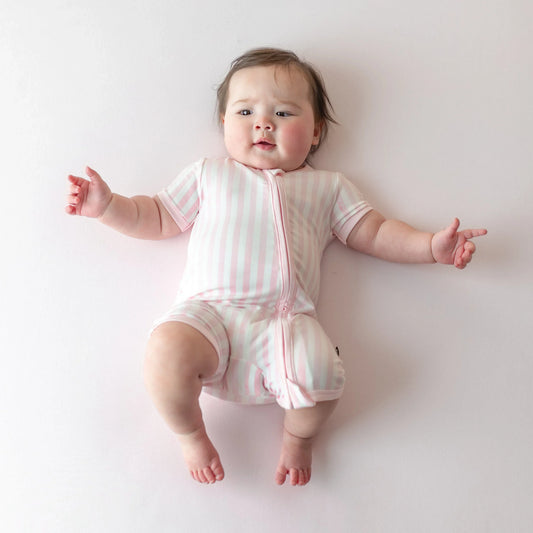 Zipper Shortall Romper in Small Sakura Stripe