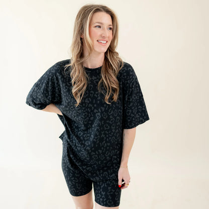 Women’s Biker Short Set in Midnight Leopard