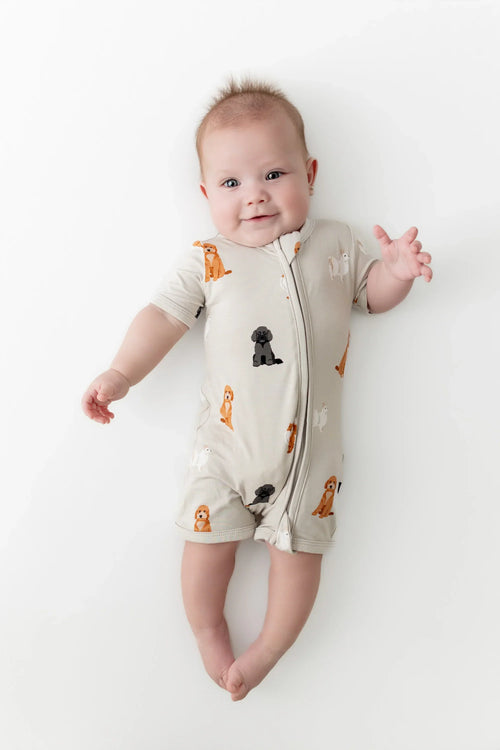 Zippered Shortall Romper in Fluffy Dog