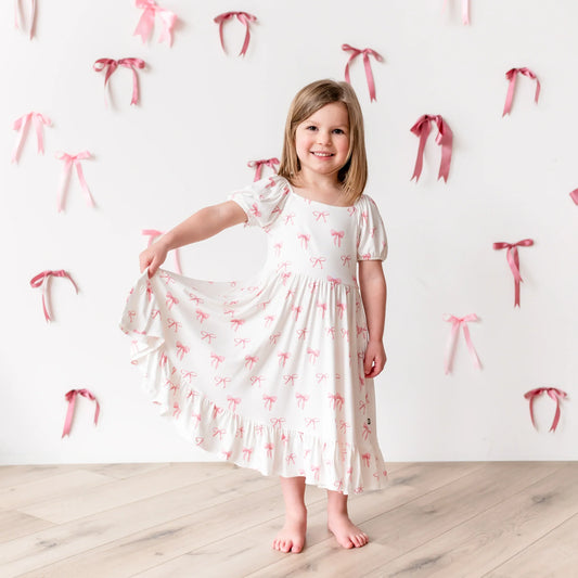 Puff Sleeve Twirl Dress in Bow