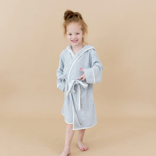 Hooded Bath Robe in Storm with Cloud Trim